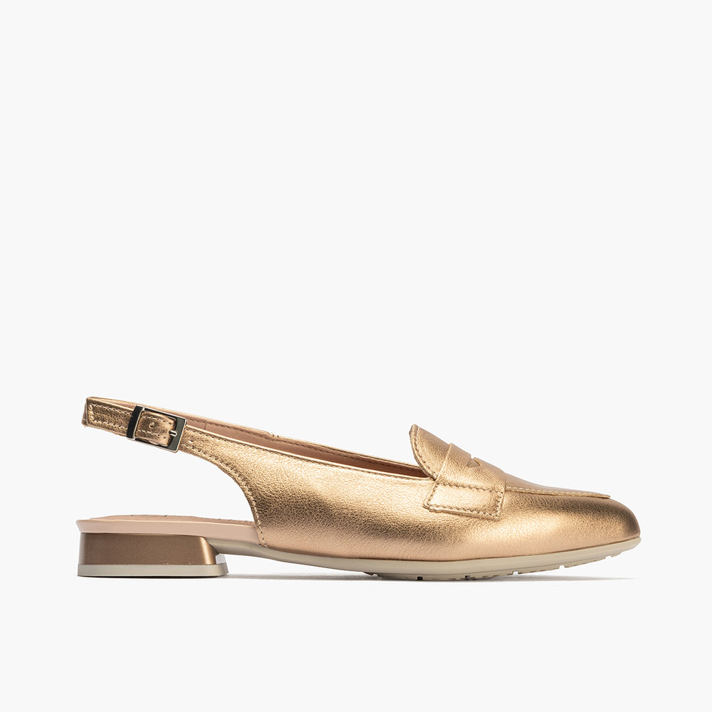 Mocasin talon abierto mujer con hebilla en piel laminado ROSA