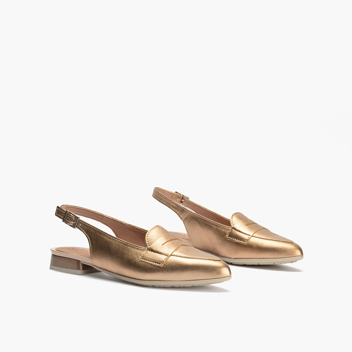 Mocasin talon abierto mujer con hebilla en piel laminado ROSA