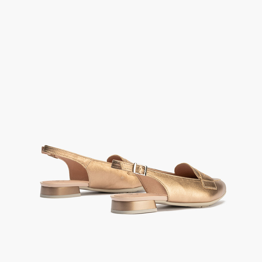 Mocasin talon abierto mujer con hebilla en piel laminado ROSA
