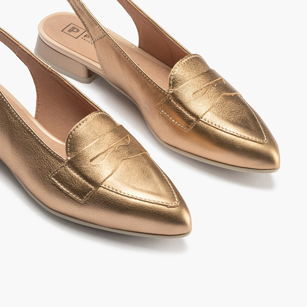 Mocasin talon abierto mujer con hebilla en piel laminado ROSA