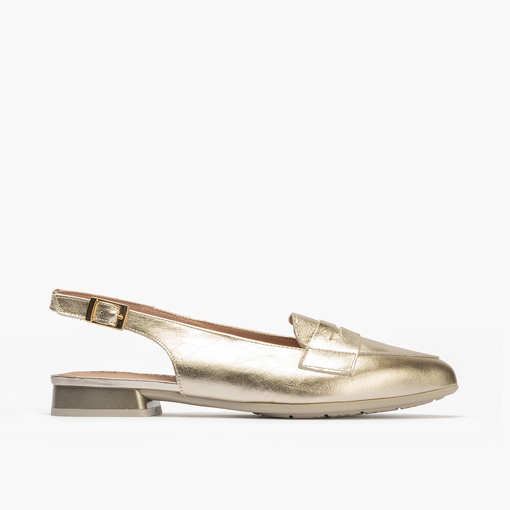 Mocasin talon abierto mujer con hebilla en piel laminado ORO