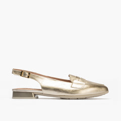 Mocasin talon abierto mujer con hebilla en piel laminado ORO