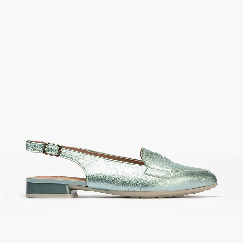 Mocasin talon abierto mujer con hebilla en piel laminado TURQUESA