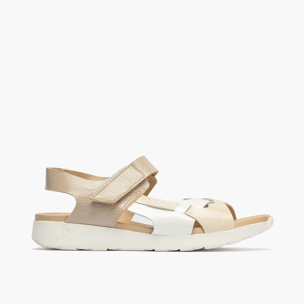 Sandalia tricolor mujer con velcro en piel charol CREMA