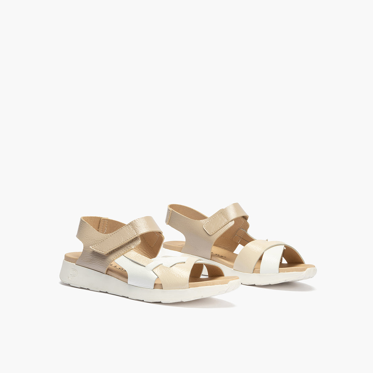 Sandalia tricolor mujer con velcro en piel charol CREMA
