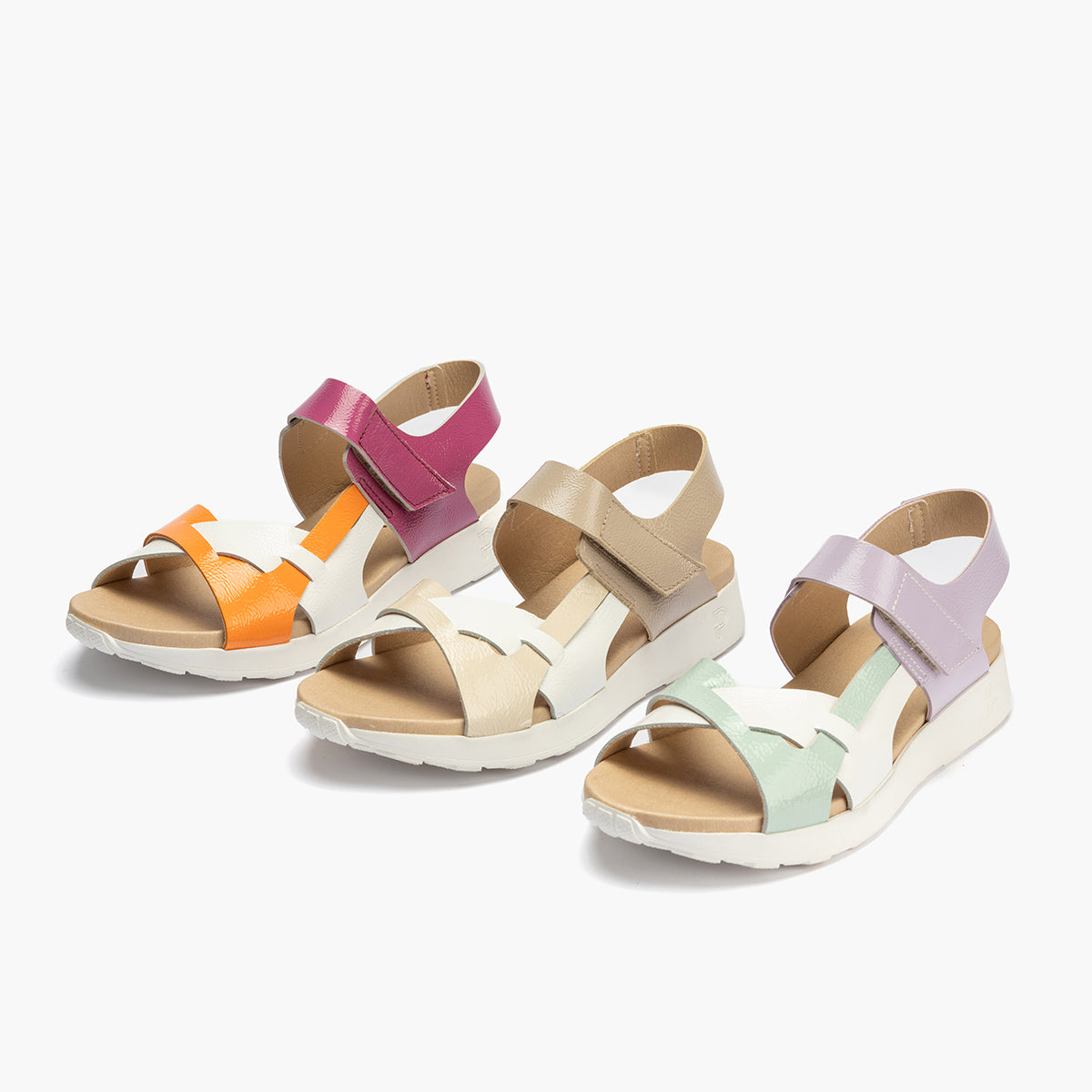 Sandalia tricolor mujer con velcro en piel charol CREMA