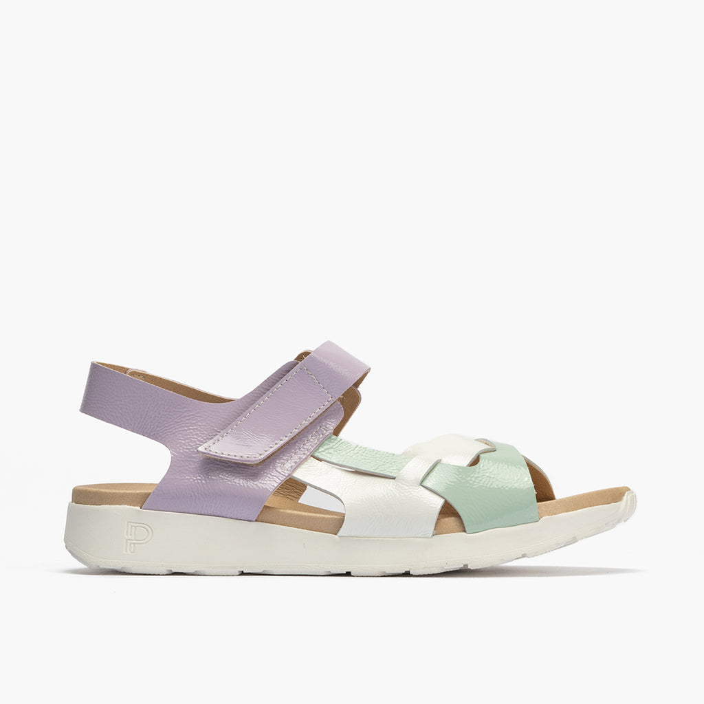 Sandalia tricolor mujer con velcro en piel charol TURQUESA