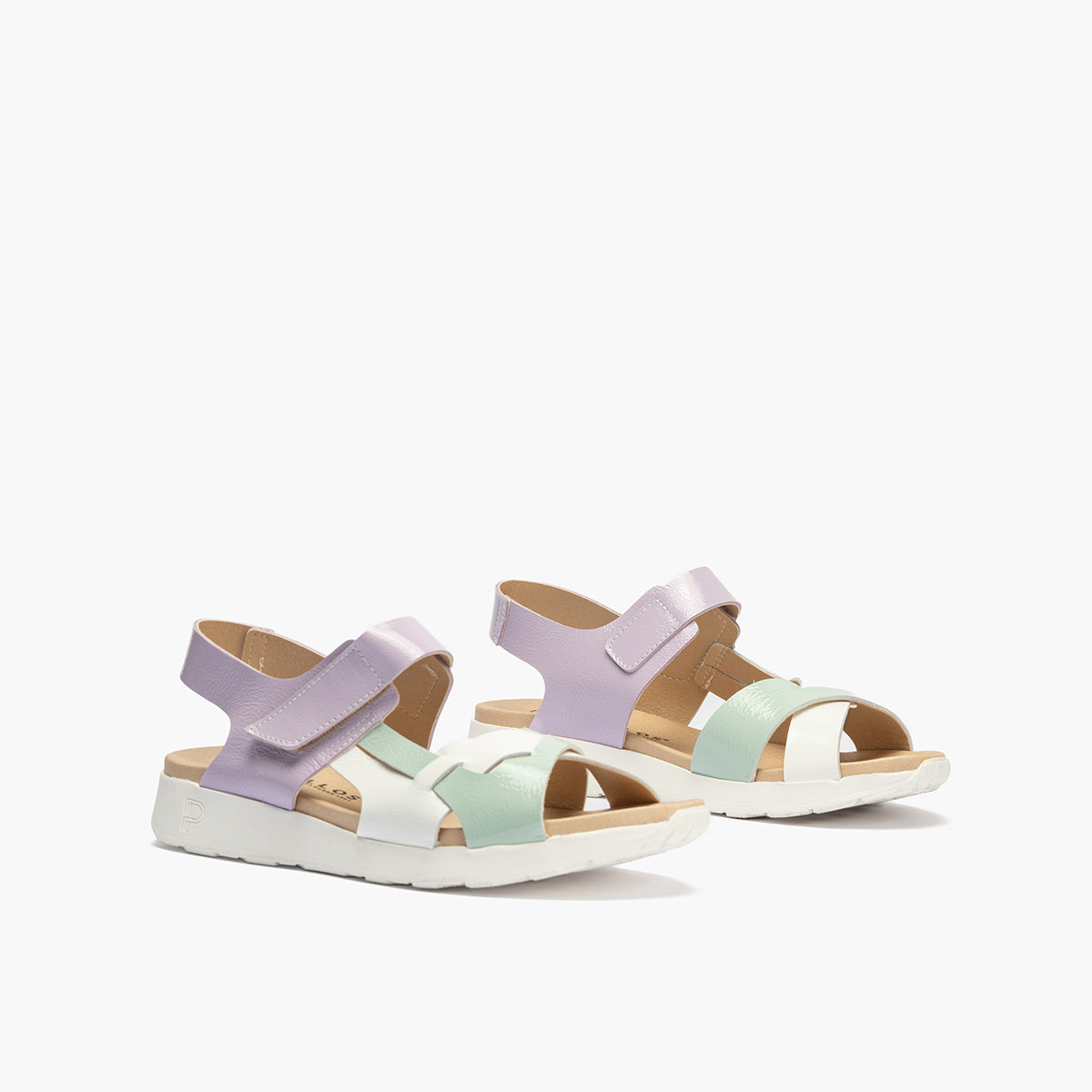 Sandalia tricolor mujer con velcro en piel charol TURQUESA