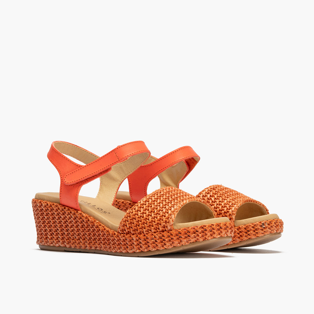 Sandalia pala mujer con velcro en piel combinada NARANJA
