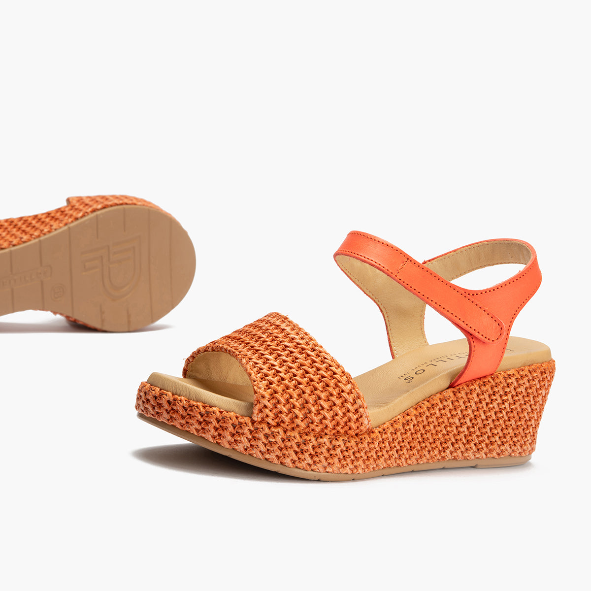 Sandalia pala mujer con velcro en piel combinada NARANJA