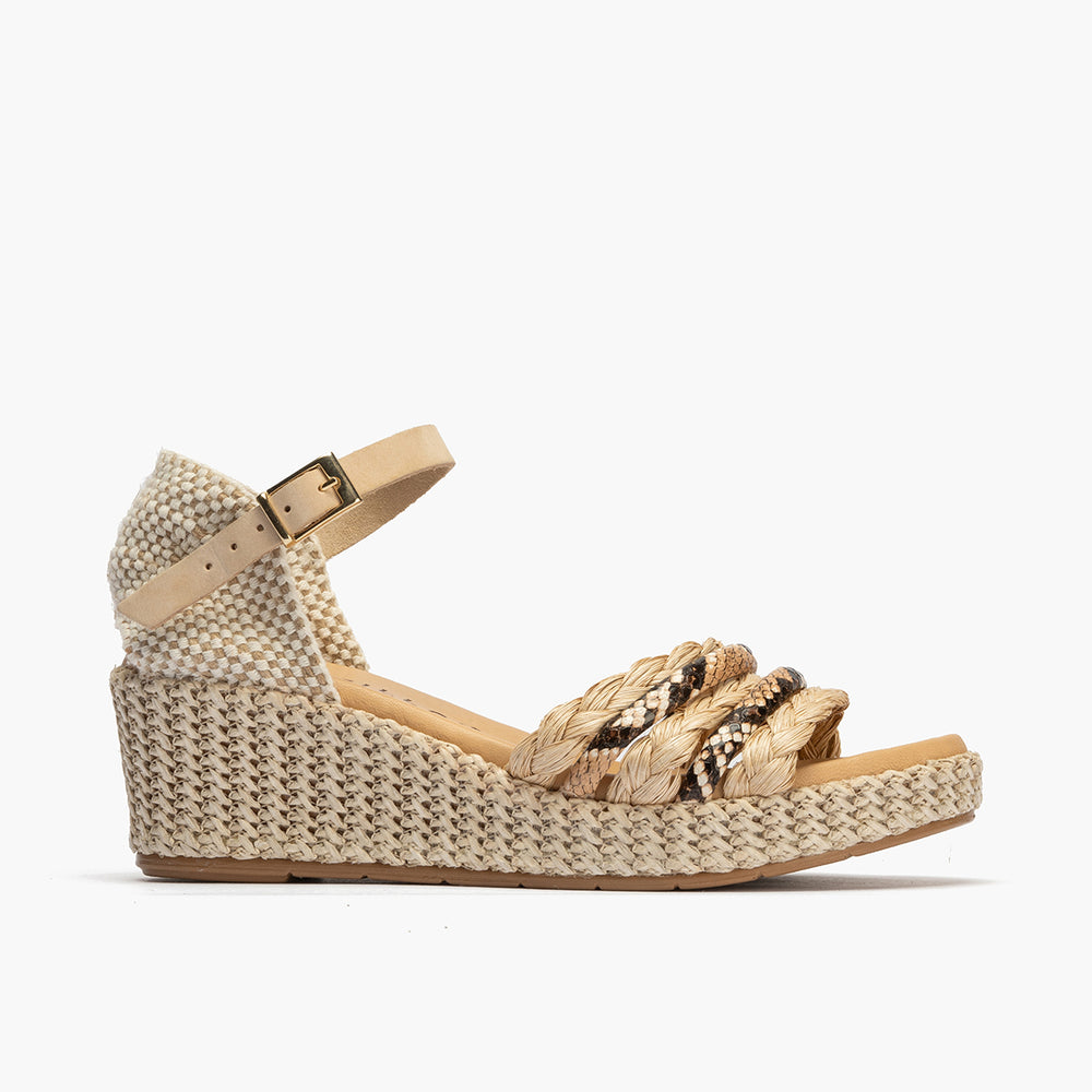 Sandalia pala tiras combinadas mujer con hebilla en piel combinada BEIGE