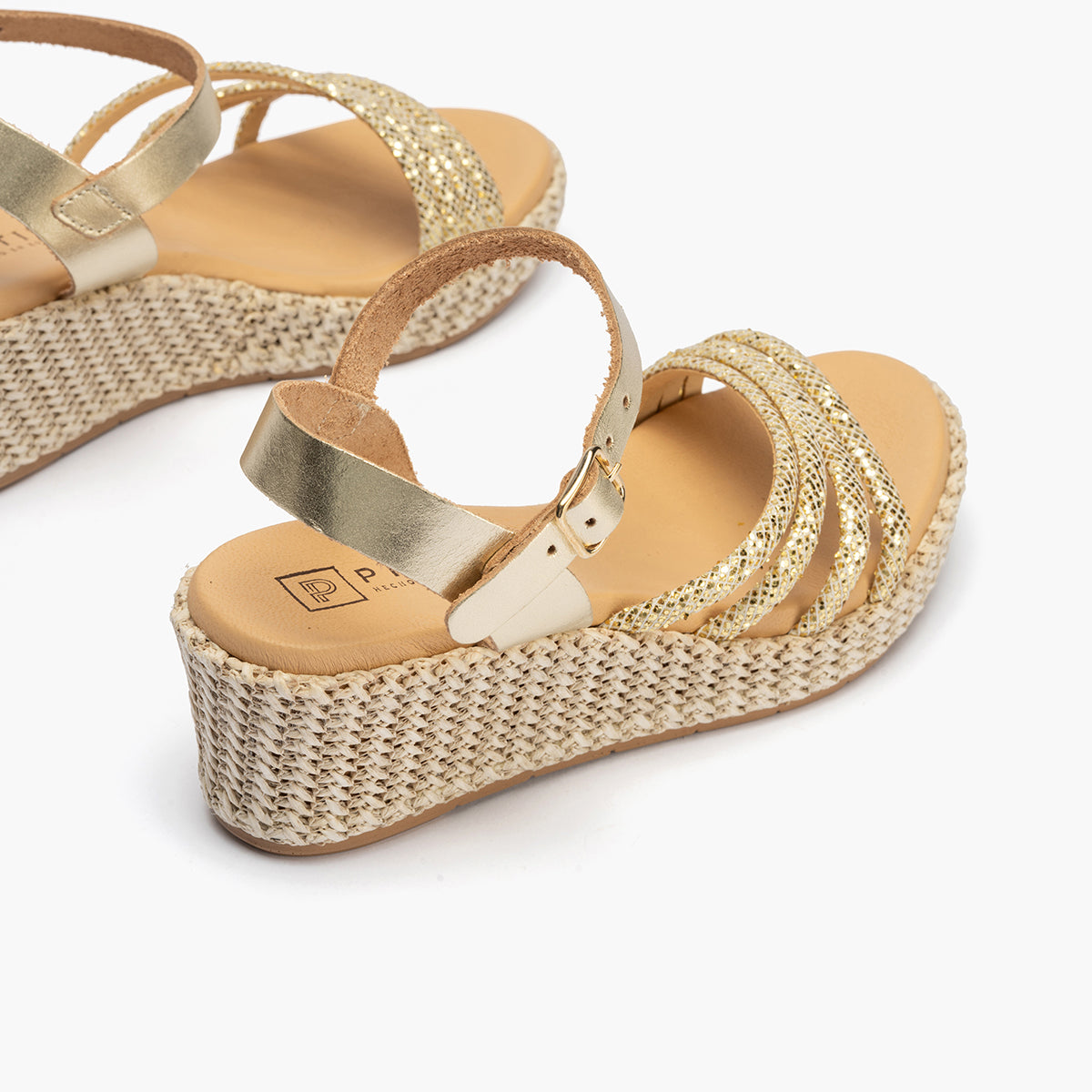 Sandalia pala tiras mujer con hebilla en glitter ORO