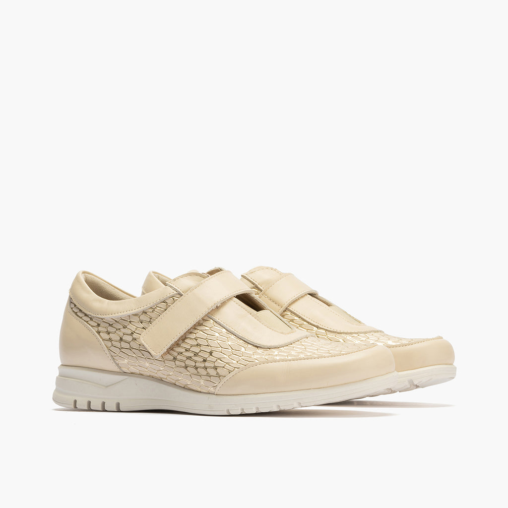 Deportivos mujer con velcro en piel combinada CREMA