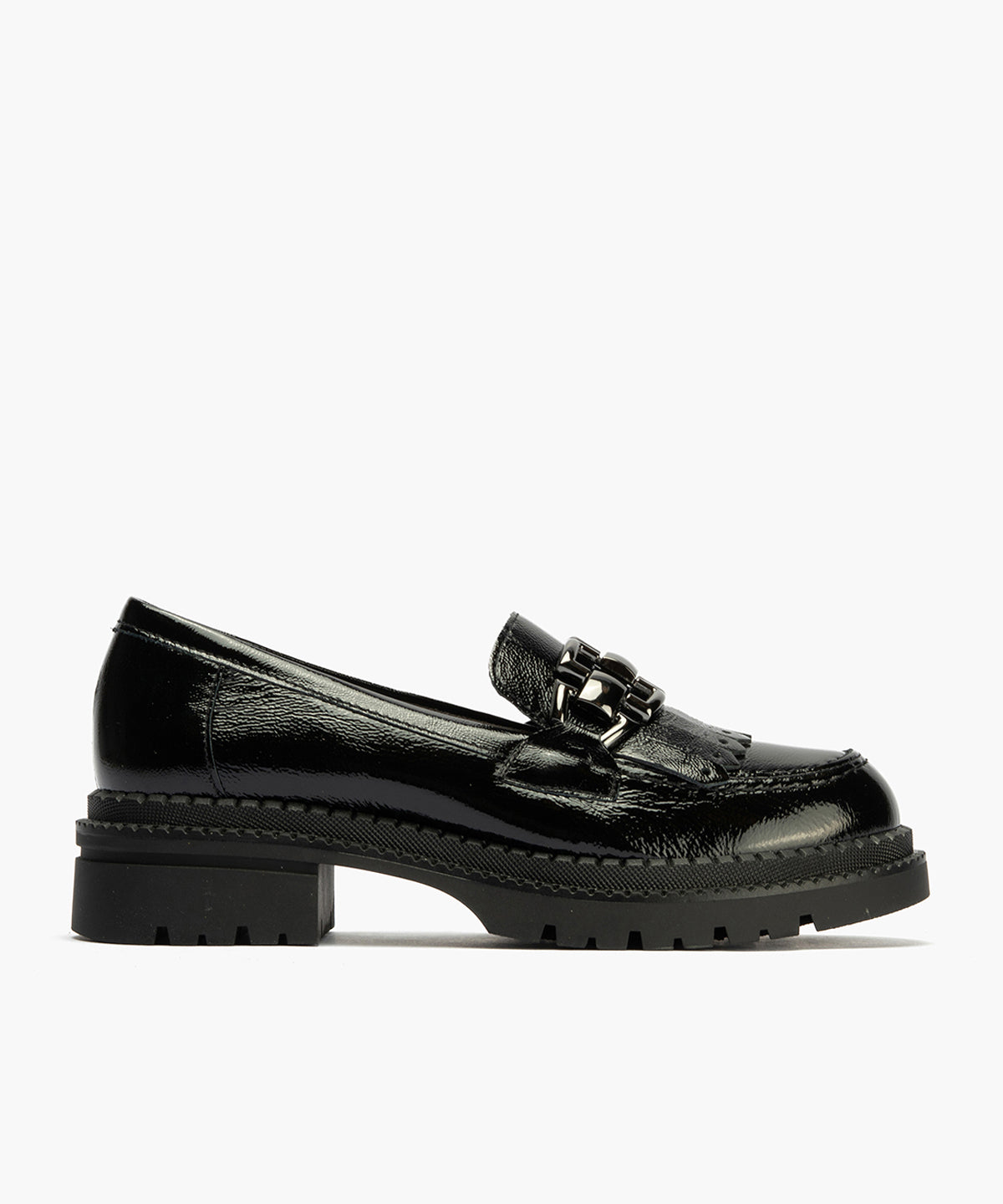 Mocasín con Flecos en Charol de mujer color negro