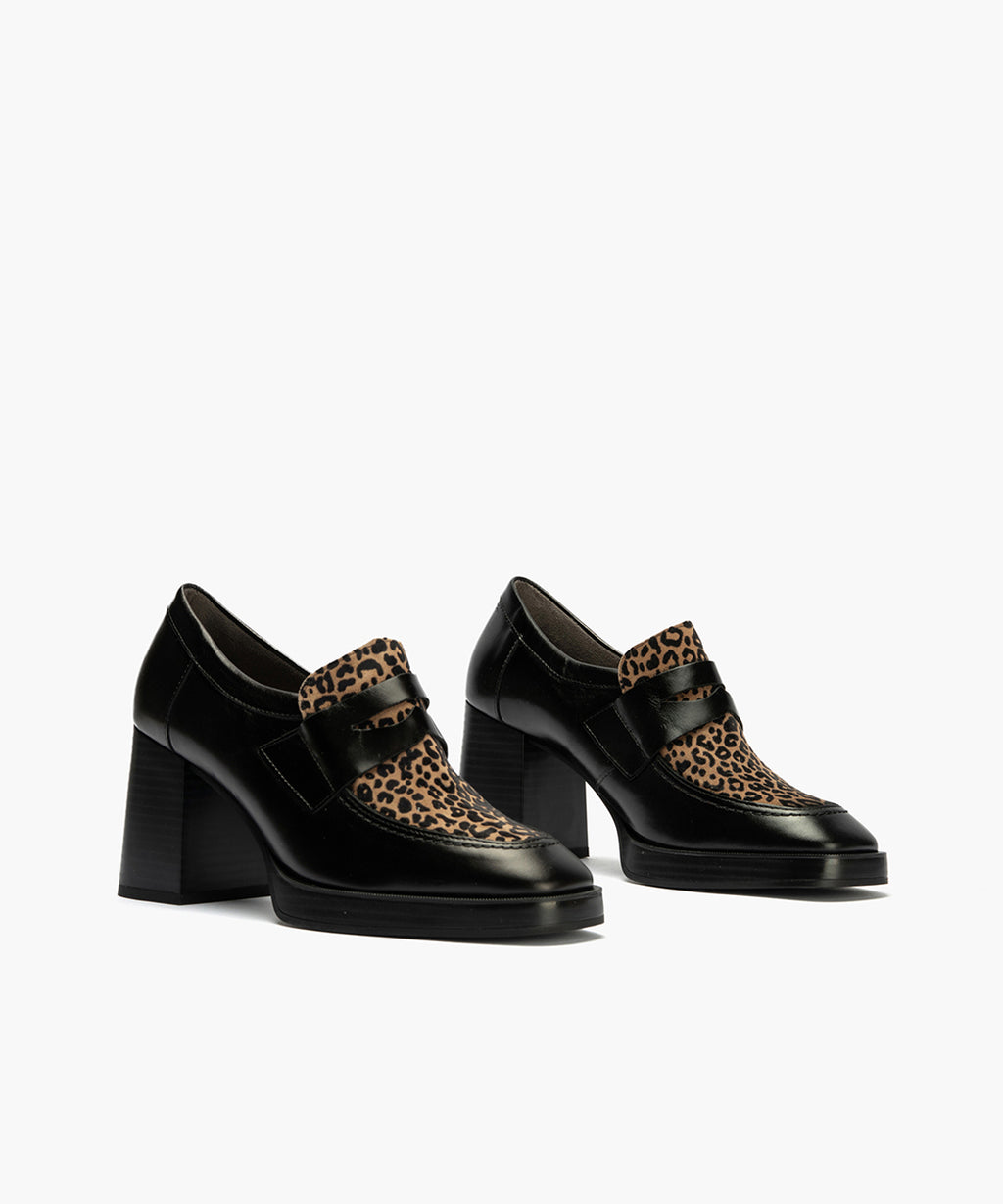 Abotinado Combinado leopardo con tacón alto de mujer color negro