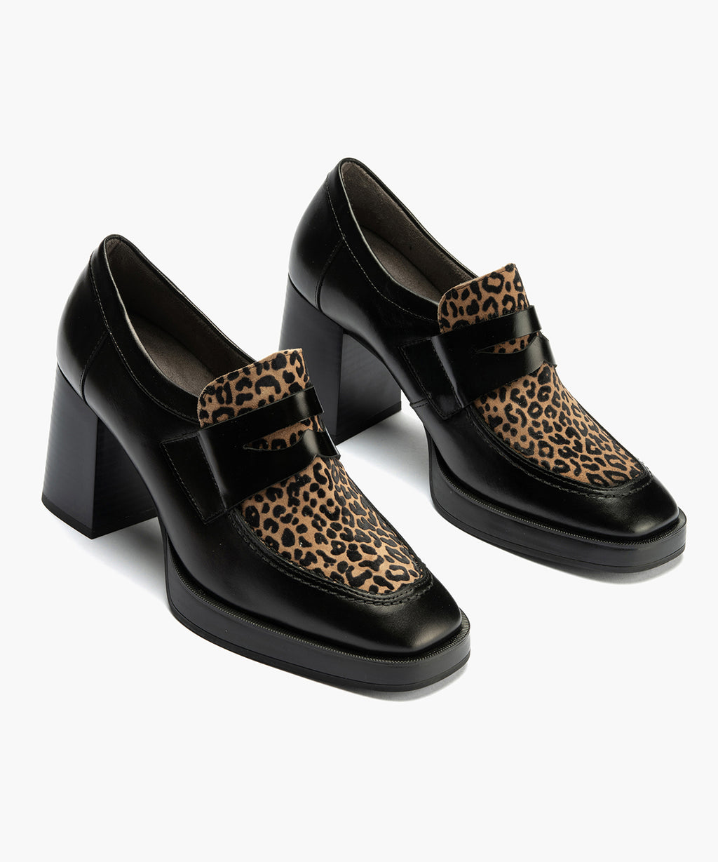 Abotinado Combinado leopardo con tacón alto de mujer color negro