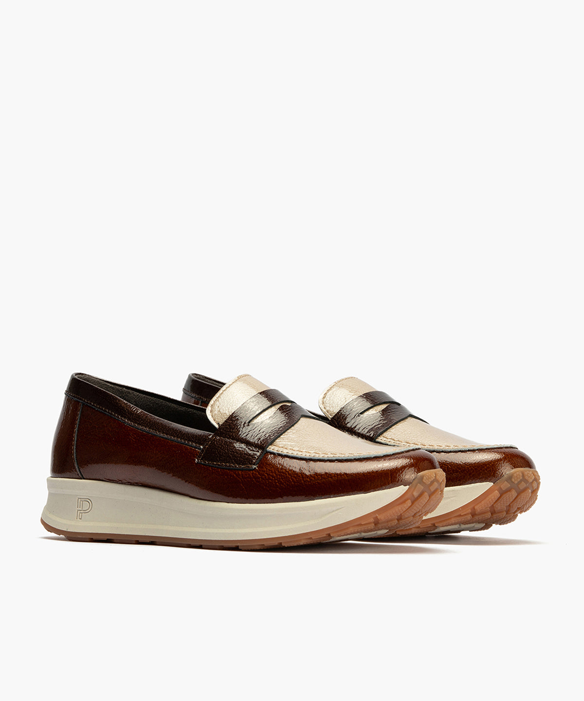 Mocasin Trícolor en Charol de mujer color cuero/piedra