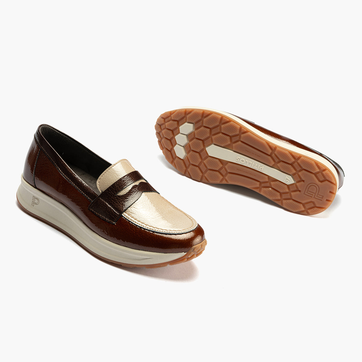 Mocasin Trícolor en Charol de mujer color cuero/piedra