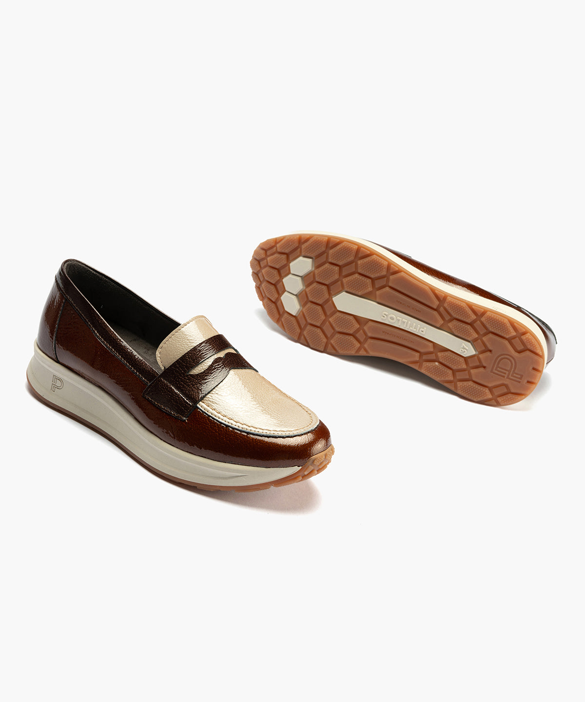 Mocasin Trícolor en Charol de mujer color cuero/piedra