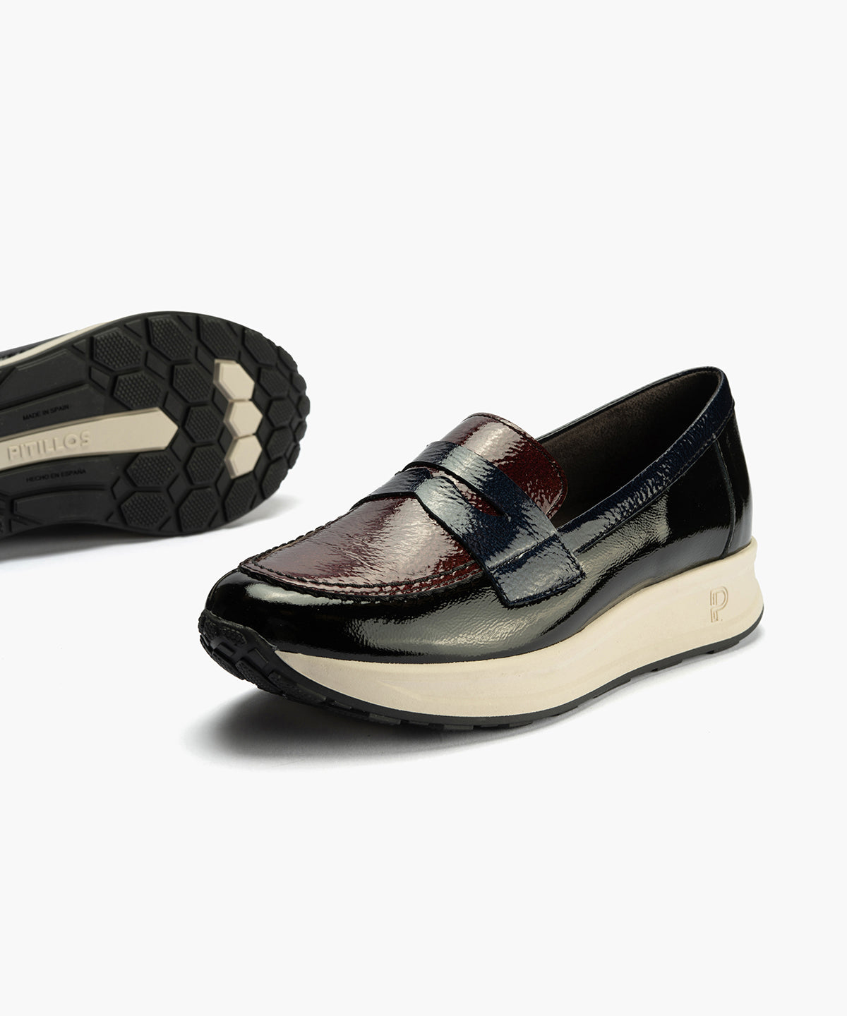Mocasín Tricolor en Charol de mujer color negro/burdeos