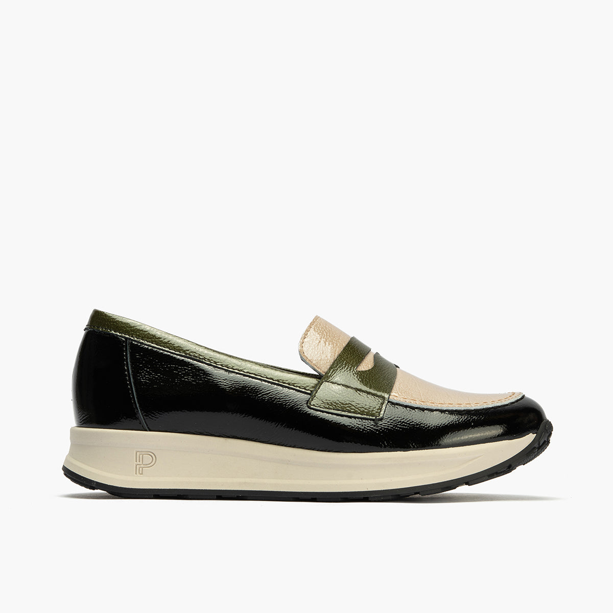 Mocasín Tricolor en Charol de mujer color negro/piedra