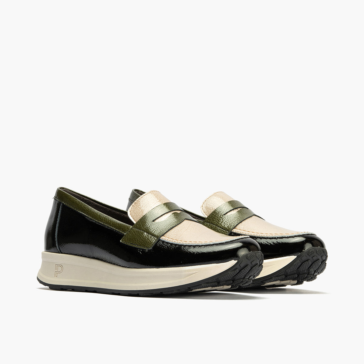 Mocasín Tricolor en Charol de mujer color negro/piedra