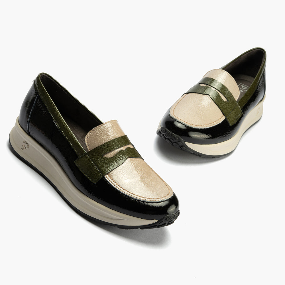 Mocasín Tricolor en Charol de mujer color negro/piedra