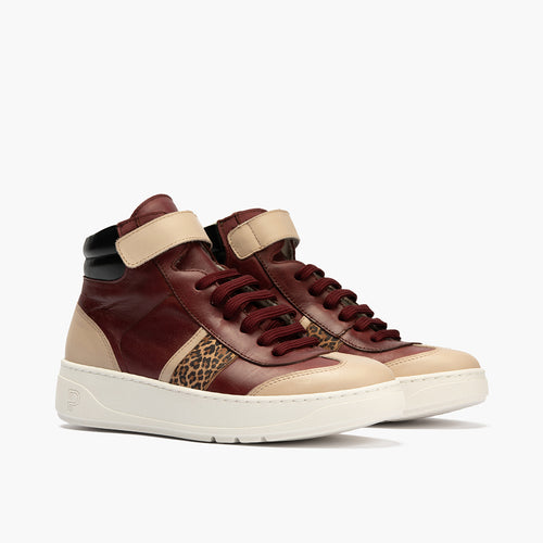 Botín Basket Combinado con leopardo de nujer color burdeos