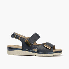 Sandalia plana con doble velcro en piel napa bombeada Marino