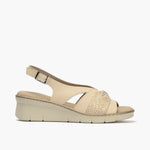 Sandalia con cuña clásica en piel napa y piel fantasía Crema