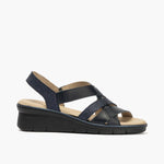 Sandalia cruzada con cuña en piel napa y piel fantasía Marino