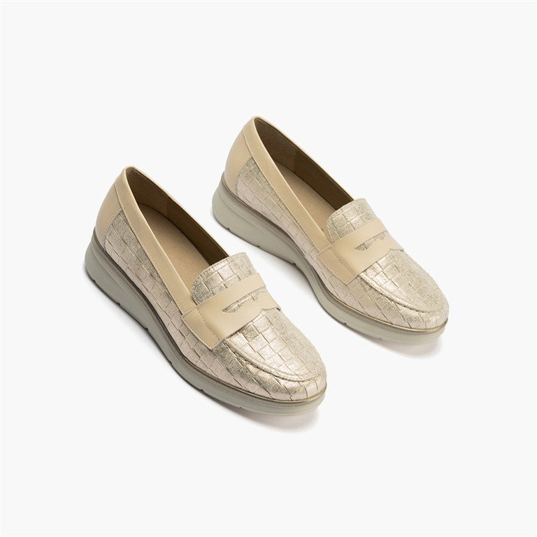 Mocasín plano con antifaz en piel napa fantasía y piel napa Oro