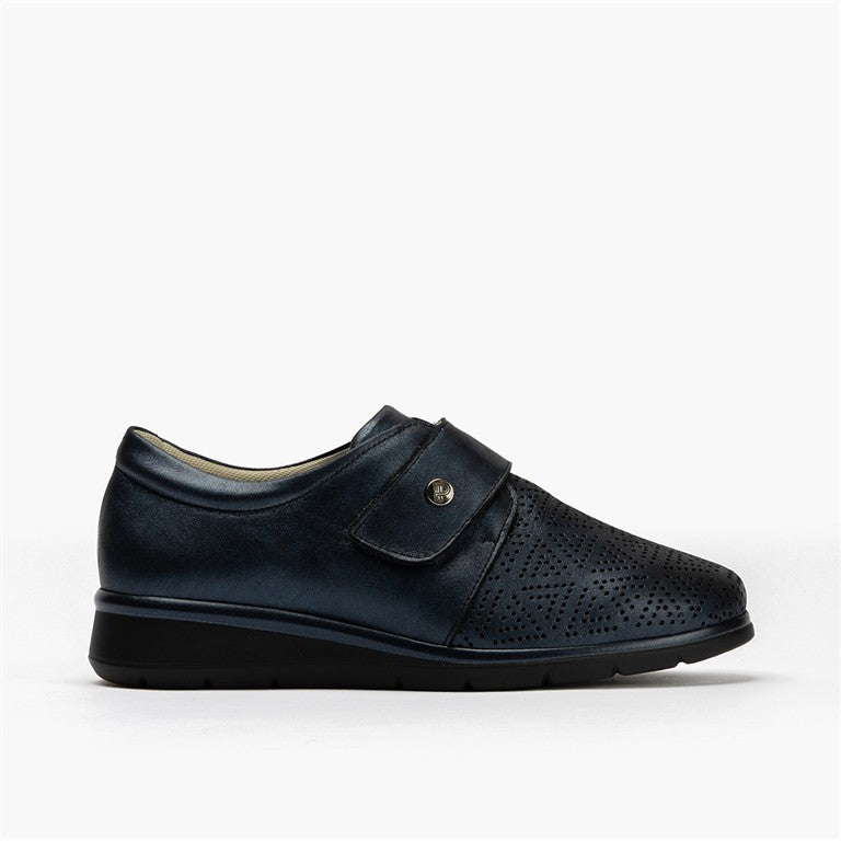 Zapato plano ancho especial con velcro en piel napa fantasía Marino