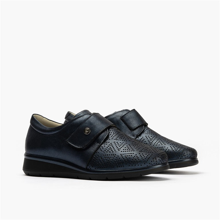 Zapato plano ancho especial con velcro en piel napa fantasía Marino