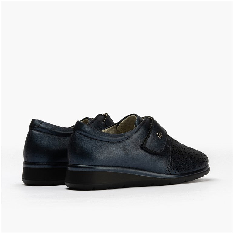 Zapato plano ancho especial con velcro en piel napa fantasía Marino