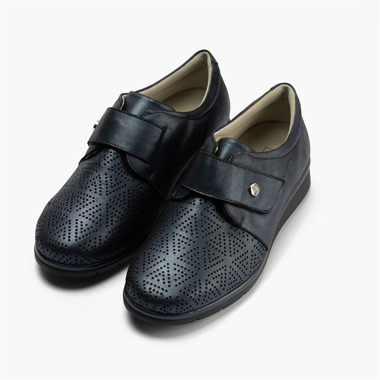 Zapato plano ancho especial con velcro en piel napa fantasía Marino
