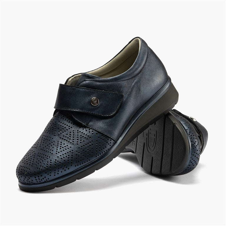 Zapato plano ancho especial con velcro en piel napa fantasía Marino
