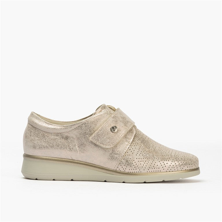 Zapato plano ancho especial con velcro en piel napa fantasía Oro