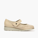 Zapato mercedes ancho especial en piel napa y lycra, con ajuste adaptable Crema