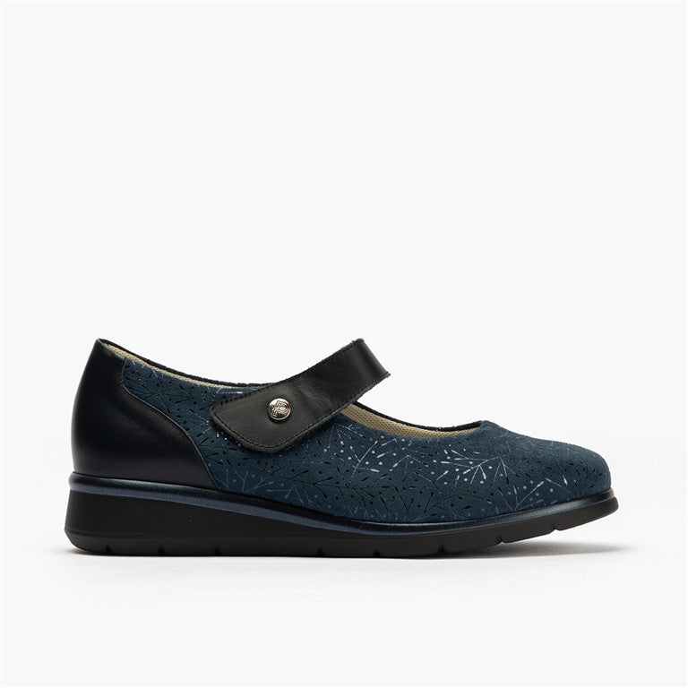 Zapato mercedes ancho especial en piel napa y lycra, con ajuste adaptable Marino
