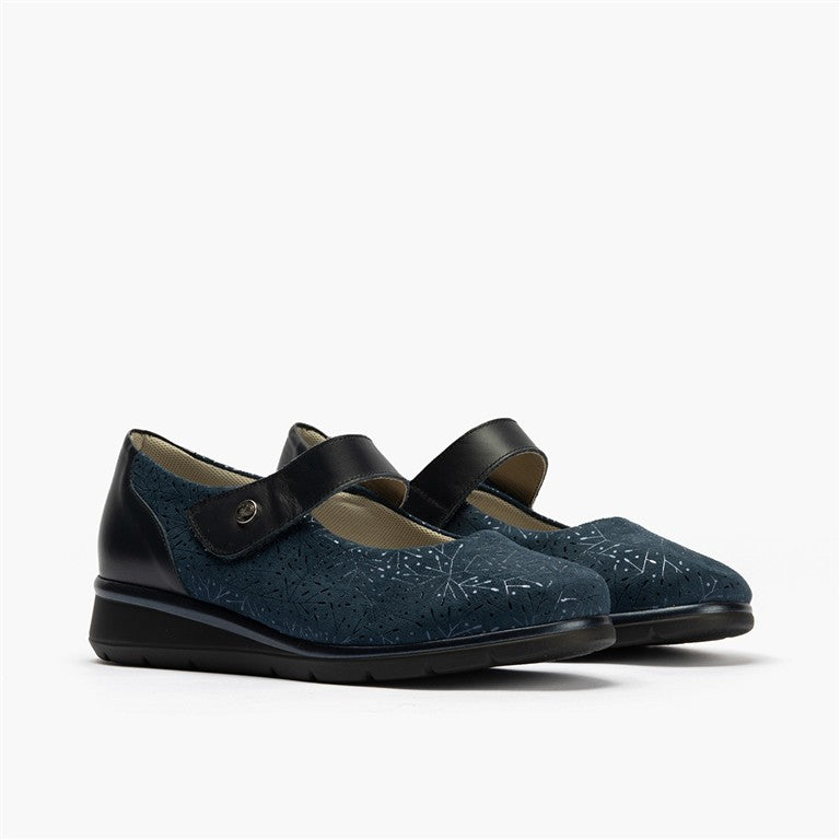 Zapato mercedes ancho especial en piel napa y lycra, con ajuste adaptable Marino