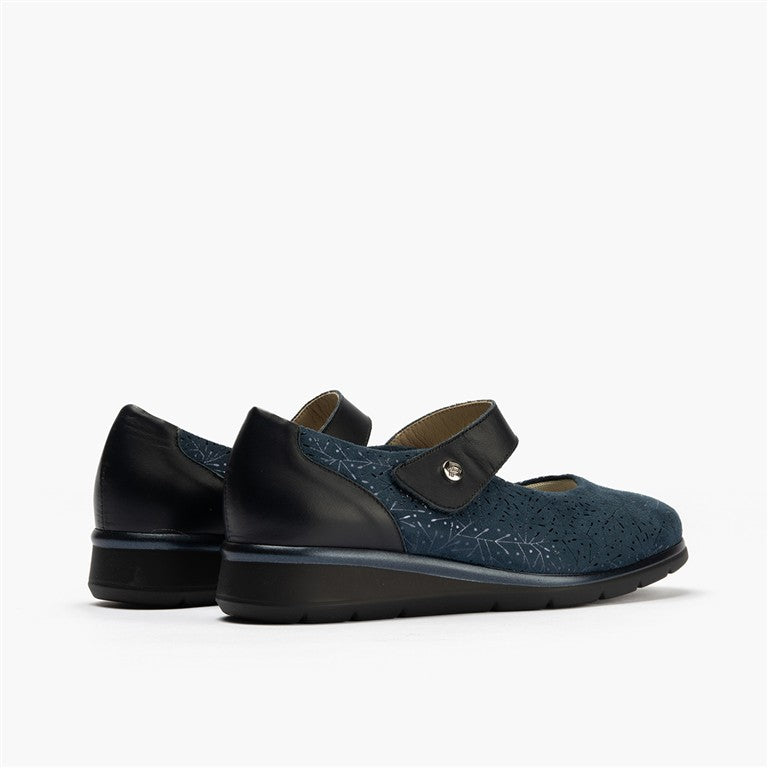Zapato mercedes ancho especial en piel napa y lycra, con ajuste adaptable Marino