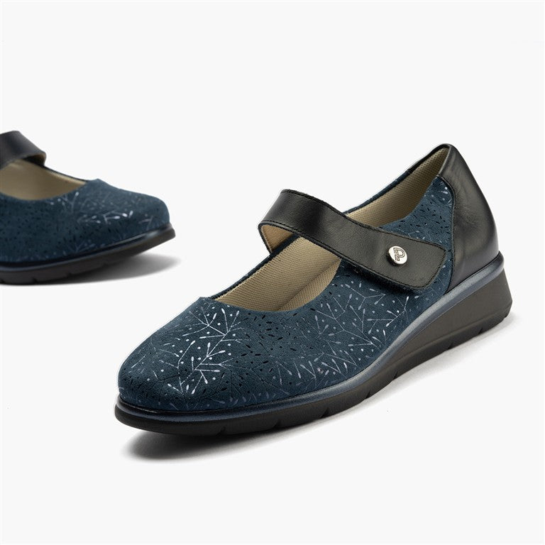 Zapato mercedes ancho especial en piel napa y lycra, con ajuste adaptable Marino