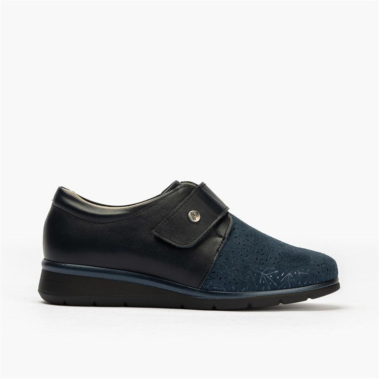 Zapato anchos especial con velcro en lycra y piel napa Marino