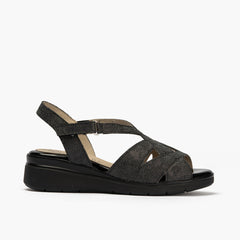 Sandalia cuña con tiras cruzadas en piel fantasía Negro