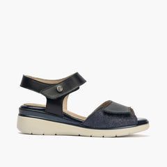 Sandalia cuña con velcros en piel fantasía y piel napa Marino