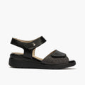 Sandalia cuña con velcros en piel fantasía y piel napa negro