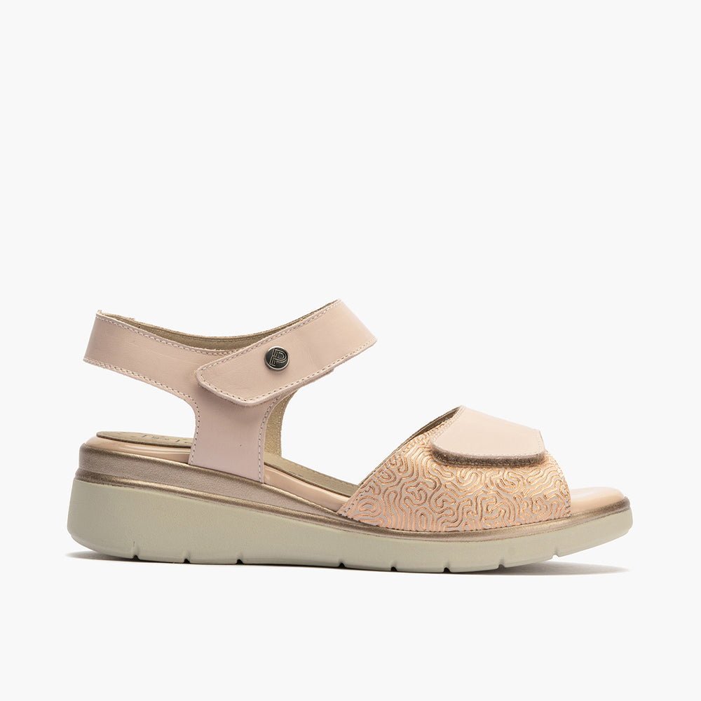 Sandalia cuña con velcros en piel fantasía y piel napa Nude