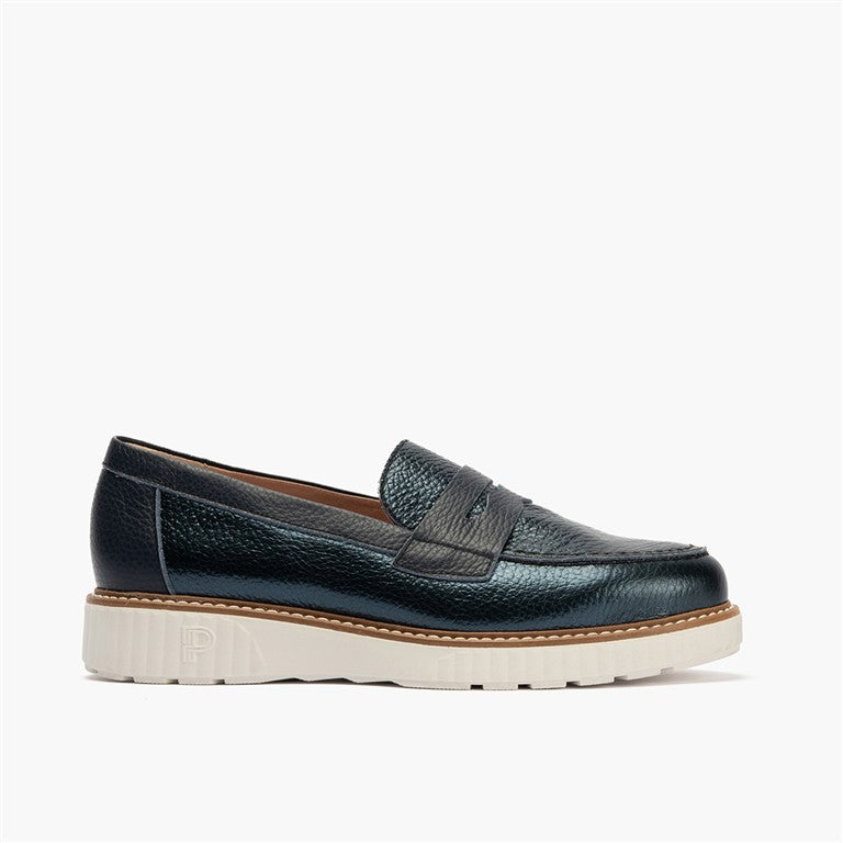 Zapato mocasín con antifaz en piel napa bombeada Marino