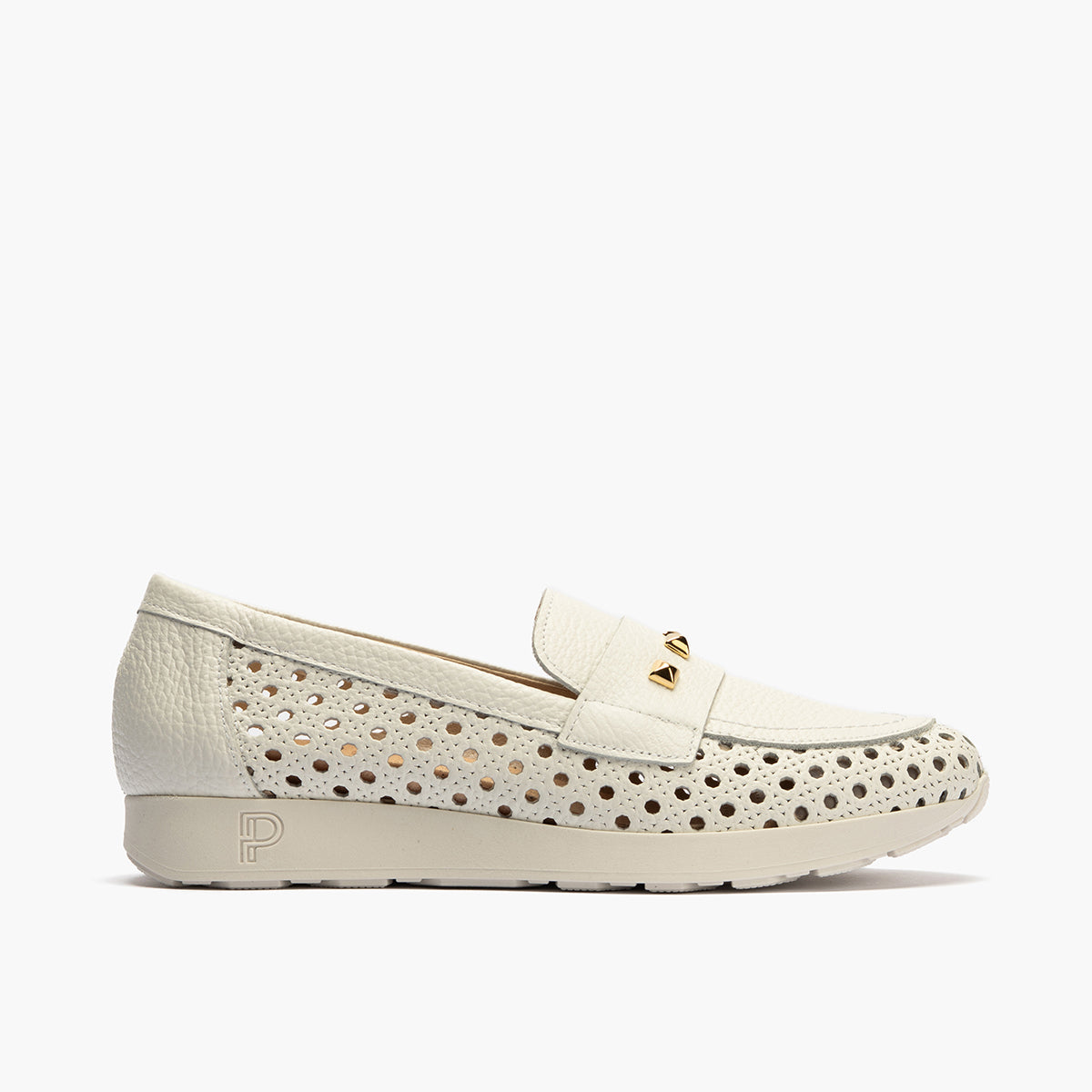 Mocasín plano con adornos, en piel napa y piel perforada Blanco